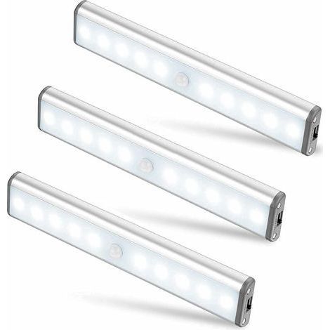 Lot de 3 Lampes 10 LED, Sans Fil, Rechargeable par USB, Aimanté, Détecteur de Mouvement, 2 Modes d’Éclairage, Portable. Lumière de Placard, Baladeuse de Secours, Veilleuse Enfant, Appoint … [Classe én (1/5)