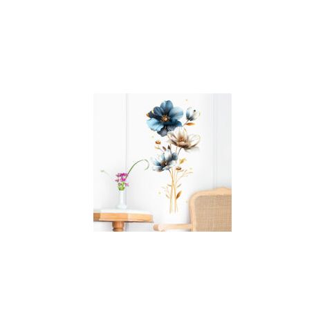 Stickers Muraux Fleurs Bleues Grand Autocollant Mural Floral Papillons Doré Feuilles Plante Décoration Murale Chambre Enfants Salon TV Mur-Crezuo