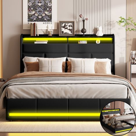 Lit Coffre 140x200 avec Sommier à Lattes, Lit 2 Personnes avec Lumières LED et Espace de Rangement Hydraulique, Tête de Lit avec Étagères, Cadre de lit Place Rembourré, Sans Matelas, Moderne, Noir PU (1/5)