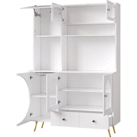 Haut meuble de rangement blanc avec éclairage LED intégré, prises USB et étagères en verre, pour cuisine et salon (1/5)