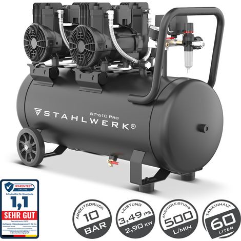 STAHLWERK Compresseur avec réservoir de 60 L (ST-610 Pro) sans huile et silencieux, 10 bars, 70 dB, 3,94 PS (2,9 kW), 500 l/min Compresseur d'air comprimé à moteurs sans balais Compresseur silencieu (1/5)