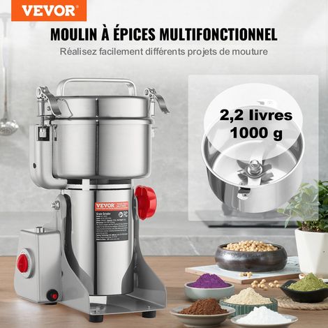 Moulin à épices Électrique 1000 g, Broyeur à Grains Commercial 3000 W Haute Vitesse, Moulin à Farine en Acier Inoxydable, Type Oscillant, pour Moudre Rapidement Céréales Épices Herbes Cafés (1/5)