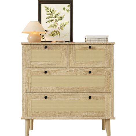 Commode 80×40×80 4 Tiroirs En Rotin, Pieds En Bois Massif – Meuble De Rangement Élégant Et Naturel (1/5)