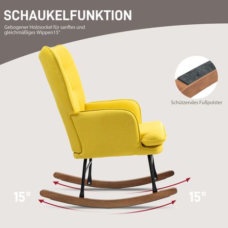 Fauteuil berçant scandinave en hêtre rembourré avec pouf assorti, dimensions 64x89x90 cm, teinte jaune (1/4)