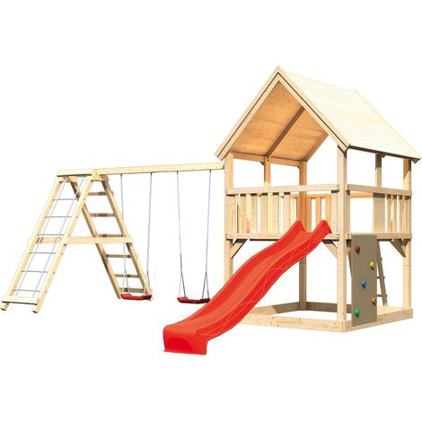 Akubi Spielturm Luis natur Rut. rot+DS+KG+Kletterwand