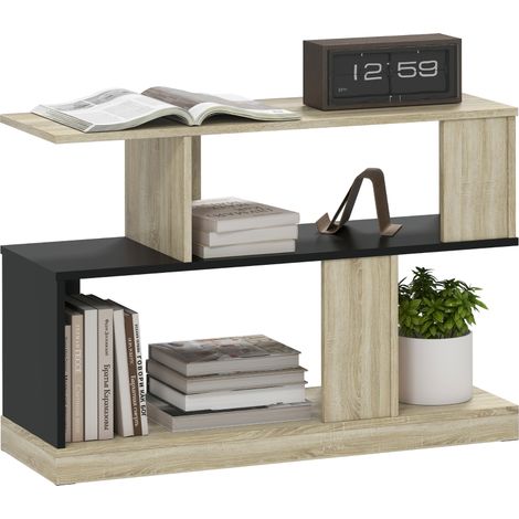 Table d'appoint S design, bout de canapé 3 niveaux, rangement pratique 90x30x61 cm, effet bois naturel noir