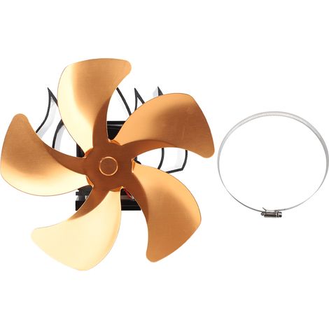 Ventilateur de poêle à 5 pales à combustion thermique, en alliage d'aluminium, silencieux, mural, pour poêle à bois et poêle à pétrole, couleur or. (1/5)