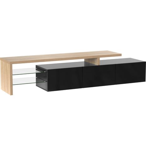 Mobile TV moderno 197,5 cm nero lucido e legno con ripiani in vetro e LED (1/5)