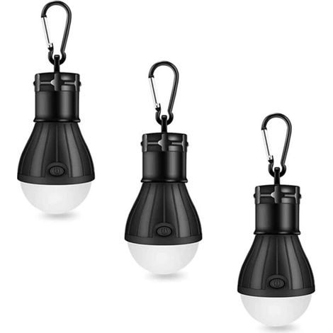 LED-Campinglaterne – Campinglaterne – Notlicht mit Karabinerhaken – Wasserdicht – Tragbar – Für Camping, Abenteuer, Angeln, Notfälle, Stromausfälle (3er-Pack) (schwarz) (1/4)