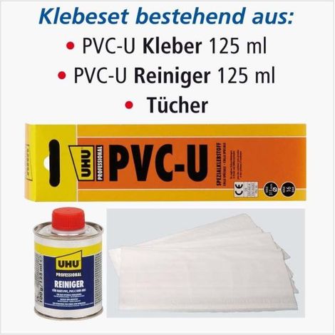 Kit adhésif comprenant un tube de colle PVC de 125 ml, un nettoyant PVC de 125 ml et des lingettes.