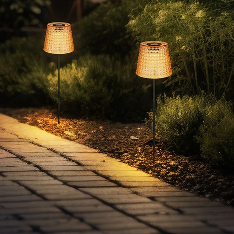Lampada solare a LED decorazione da giardino lampada da esterno luce di cristallo, plastica nera ambrata, batteria IP44 picchetto, bianco caldo 3000K, set di 2, H 60 cm
