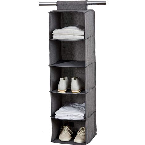 Étagère Suspendue en Lin Pliable, 5 Compartiments avec Renforcement Bois, Organisateur Armoire, Gris Chiné, 30x30x100 cm (1/5)