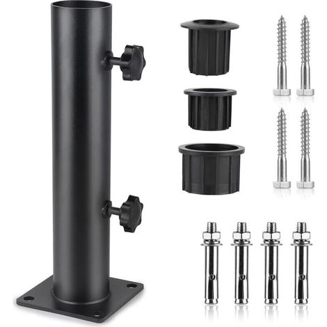 Pied Parasol, Tube de Parasol, Support Parasol Metal Réglable avec 3 Anneaux de Réduction en PVC (32/38/48mm), Tube pour Pied de Parasol avec 8 Clous en Acier, Noir (1/5)
