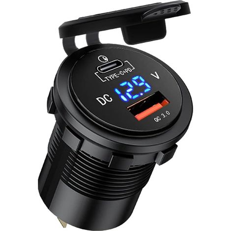 Chargeur USB et prise allume-cigare 45 W PD + 18 W QC3.0, 12 V/24 V USB-C encastré, étanche, avec affichage LED du voltmètre pour moto, voiture, bateau, camping-car, caravane