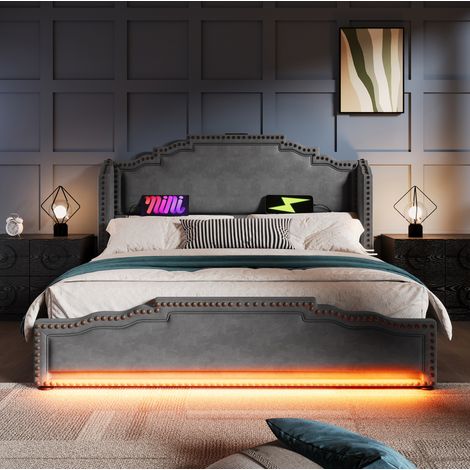 Lit 180x200 cm en velours gris avec 4 tiroirs, LED et USB-C, gain de place, sans matelas – MEUBLIV (1/5)
