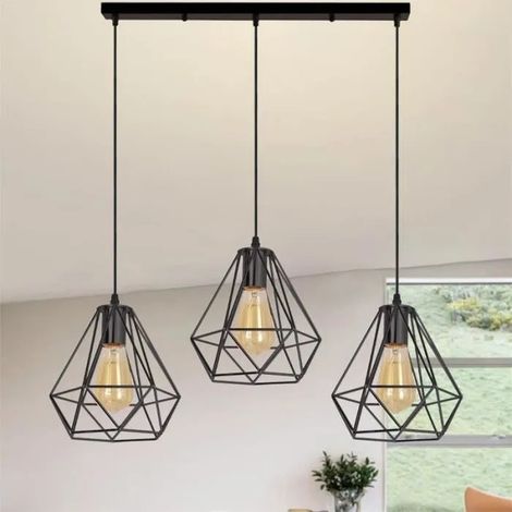 U-Do Rétro Suspension Luminaire Ajustable Industriel 3 Lampes Lustre Abat - Jour Cage forme Diamant en Fer Noir Lampe Longue pôle (1/4)
