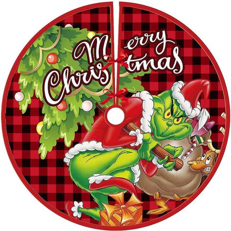 90cm Jupe Sapin De Nol,grinch Carreaux Rouges Couvre Pied Sapin Noel, Arbre De Noel Decoration, Joyeux Nol Jupe D'arbre Tapis Pour Sapin Pour Nol (1/4)