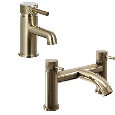 Contemporary Single Lever Handle Mono Basin Tap and Bath Filler Set - Brushed Brass