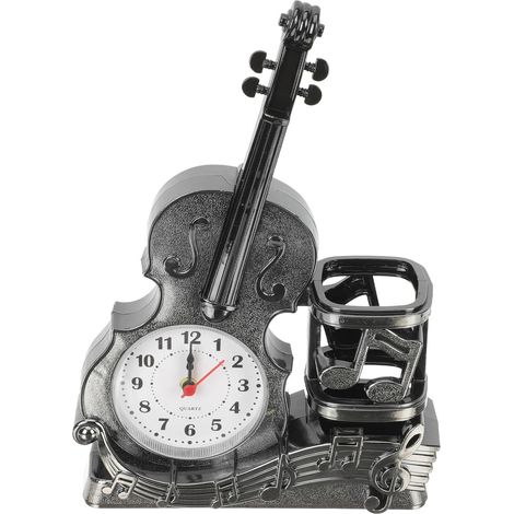 Horloge de Bureau de Violon Couleur Argenté Ancien, Porte-Stylo Intégré en Plastique, Réveil Décoratif Miniature pour Bureau et Chambre, Présent Anniversaire pour Garçon et Filles (1/5)