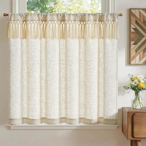 Rideau Cuisine Brise Bise Petit Rideaux Court, Design à Franges Filtrer la lumière, Beige 125L X 90H (cm) 1 Pièce à Passe Tringle, pour Fenêtre Placard sous Evier Chambre Café (1/5)