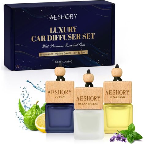 AESHORY Ocean Car Perfume Bottle 3 x 8 ml Hanging Fragrance Diffuser Set for Car Home Air Fresheners Refreshing Scent Ocean Ocean Breeze Sun & Sand (1/5)