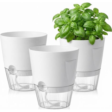 Pots à Herbes Auto-Arrosage Lot de 3 Blanc Lot de 3 ouverture latérale indicateur de niveau d’eau poignées creuses 17 x 10 x 15 cm cuisine et rebord de fenêtre (1/5)