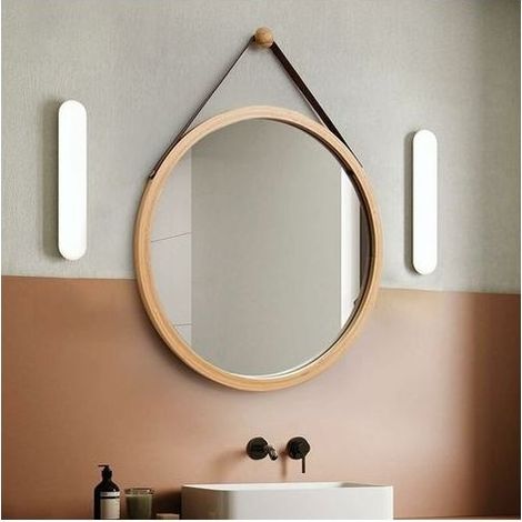 Mirror wall round 45 cm in wood of bamboo – Strap in leather sturdy – Decoration modern for bathroom, bedroom or wardrobe (1/5)