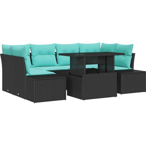 Sofa Set 7 pcs 6-Seater Black and Blue Poly Rattan vidaXL (1/5)