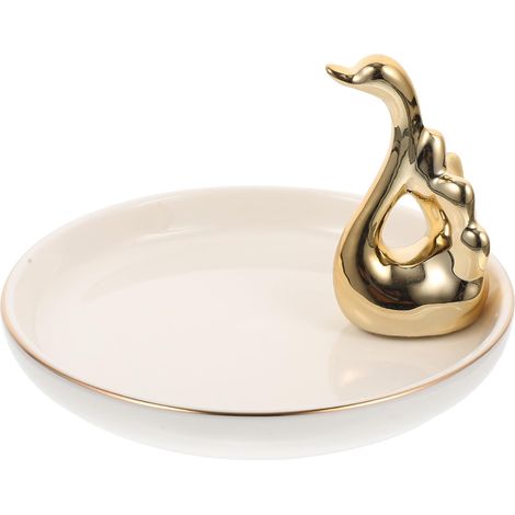 Keramik Schmuckablage Schreibtisch Schmucktablett Weiß mit Metallrand Schmuckaufbewahrung für Ringe und Halsketten Deko Schmuckorganizer für Zuhause und Juwelier (1/5)