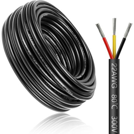 Câble électrique 20 mètres 22 AWG 3x0,3mm² à 3 conducteurs, fil de cuivre étamé flexible, impédance faible, compatible alimentation LED 5V / 12V / 24V, résistance aux hautes températures (1/5)