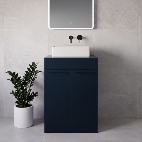 Napoli 460 Deep Blue 600mm 2 Door Vanity Unit for Countertop Basins - 600mm - Matt Black 160mm Handle