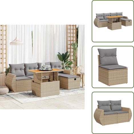 vidaXL 6-tlg. Garten-Sofagarnitur mit Kissen Beige Poly Rattan Akazie (1/5)
