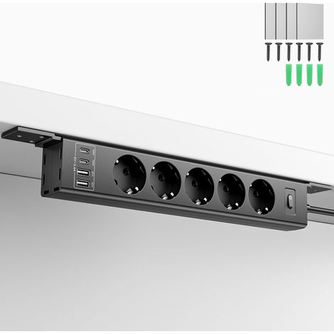 Multiprise montable pour Montage Mural et sous Plan de Travail, 4000W, 5 Prises + 4 USB (2 USB-C PD20W + 2 USB-A 18W), parafoudre, câble Invisible 2m – Bureau, Cuisine, Atelier, Maison (1/5)