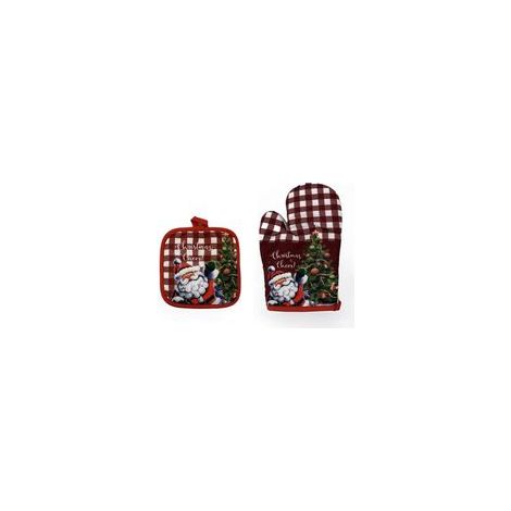Set di guanti da forno a tema natalizio, fantasia a scacchi rossi e bianchi, con disegno di Babbo Natale (verde natalizio). - Crezuo