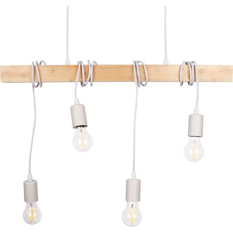 Barcelona Led – Suspension vintage en bois – 4 douilles E27 – Ajustable jusqu'à 1,7m – Idéale pour ampoules LED vintage – Finition blanche mate