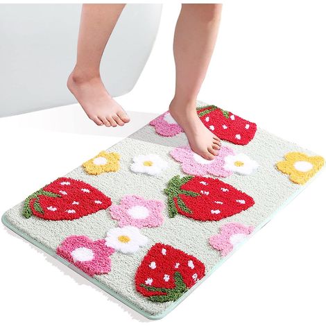 Tapis de bain antidérapant et absorbant 50 x 80 cm - Lavable, motif fraise, pour la décoration de la chambre et de la salle de bain. (1/5)