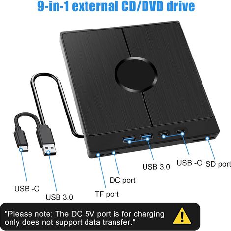 Lecteur DVD Externe, USB3.0 Externe, Lecteur DVD Externe avec Lecteur de Carte SD/TF, graveur/Lecteur DVD RW Portable, Lecteur CD Externe pour Ordinateur Portable