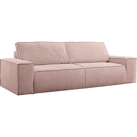 Vente-Unique – Canapé convertible 4 places en velours côtelé rose poudré – Déhoussable – Garnissage mousse polyuréthane – 257 cm de long