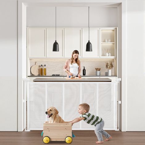 Barrière de Sécurité Extensible Jusqu’à 140 cm Hauteur 87 cm, Barrière Rétractable pour Animaux de Compagnie, Clôtures en Mailles, Installation Facile, pour Chiens Couloir Escalier Porte, Blanc (1/5)