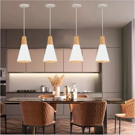 kawoo Lot de 4 Lustre Industriel Salon Blanc,Lampe Suspension Vintage en Bois Métal pour Salon Chambre (1/4)