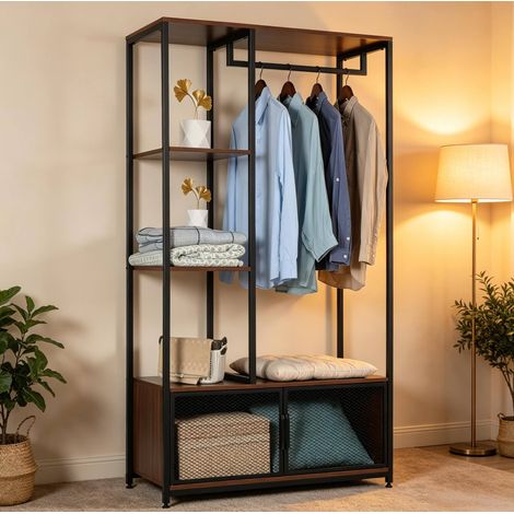 Perchero abierto con almacenaje 90 x 40 x 167 cm MDF y metal negro OKMYHOME (1/4)