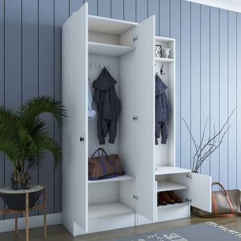 Mueble de Entrada Grue, 5 Estantes, Perchero, 4 Puertas, 120x37x183h cm Blanco (1/5)