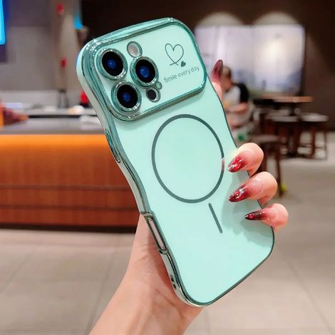 (iPhone 11, Vert Matcha) Coque de téléphone ondulée en forme de cœur, plaquée électrolytiquement, avec protection pour la recharge sans fil magnétique