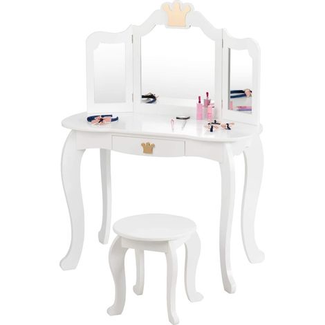 Coiffeuse pour Enfant en Bois avec Tabouret Blanc, Table pour Enfant avec tiroir et Miroir Amovible (1/5)