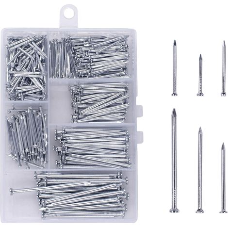 386pcs Kit de clous en acier assortiment de matériel clous longueur maximale 5 cm clous galvanisés clous pour accrocher des images clous en bois clous muraux avec boîte de (1/4)