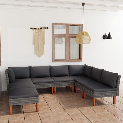 Salon de jardin 8 pcs Ensemble Table et Chaise de Jardin - avec coussins Résine tressée Gris BV657576 - BonneVie (1/5)