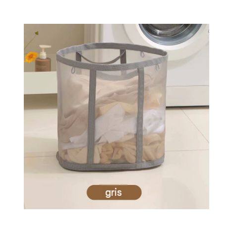 Panier à linge gris en filet tissu grande capacité pliable bac de rangement pour vêtements sales usage domestique salle de bain (1/5)