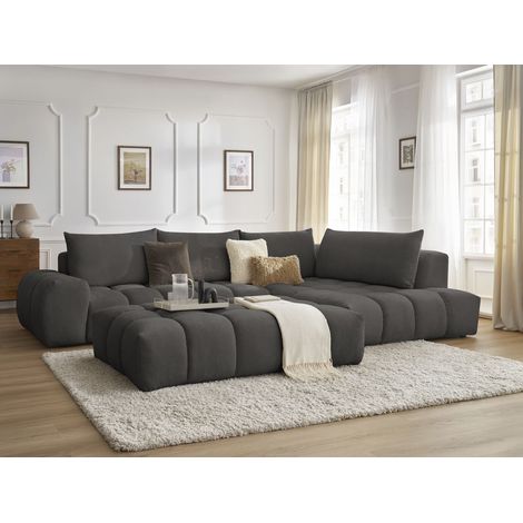 Bobochic – Canapé d'angle fixe 5 places EVEREST – Tissu texturé déperlant – Pouf inclus – Longueur 352cm – Largeur 210cm – Style moderne gris foncé (1/5)