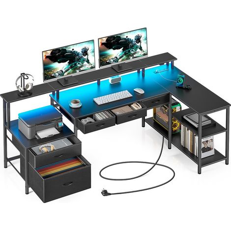 Reversible L-Shaped Corner Gaming Computer Desk with USB Ports, Power Outlets, LED Strip, Drawers, File Cabinet & Monitor Shelf for Home Office (1/5)
