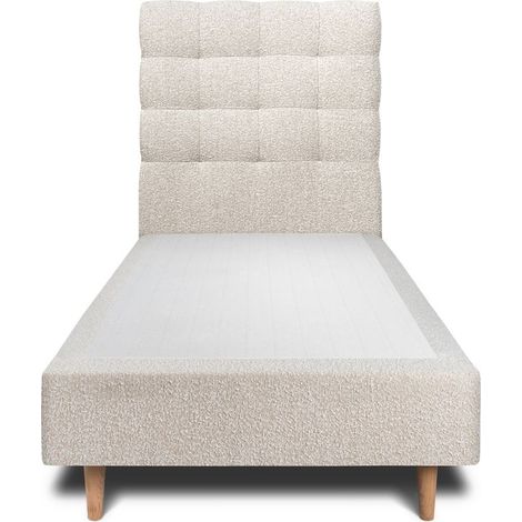 Lit 90x200cm avec tête de lit capitonnée bouclette et sommier tapissier beige - Hauteur totale : 35cm (1/4)